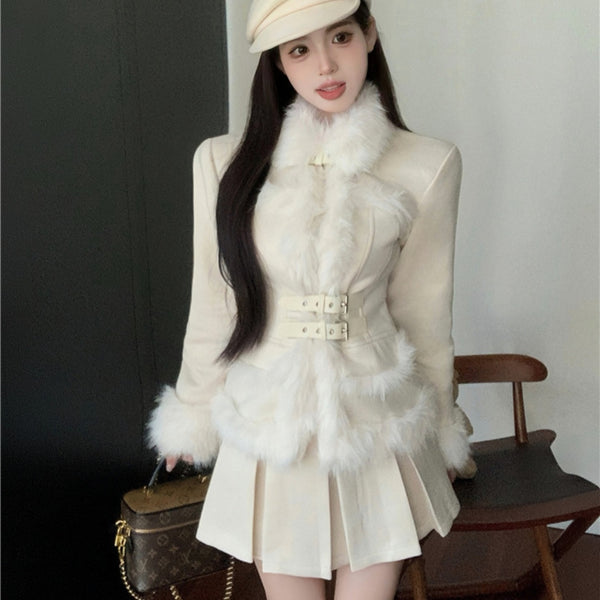 Classic Style Fur Stitching Suede Puffer Jacket High Waist