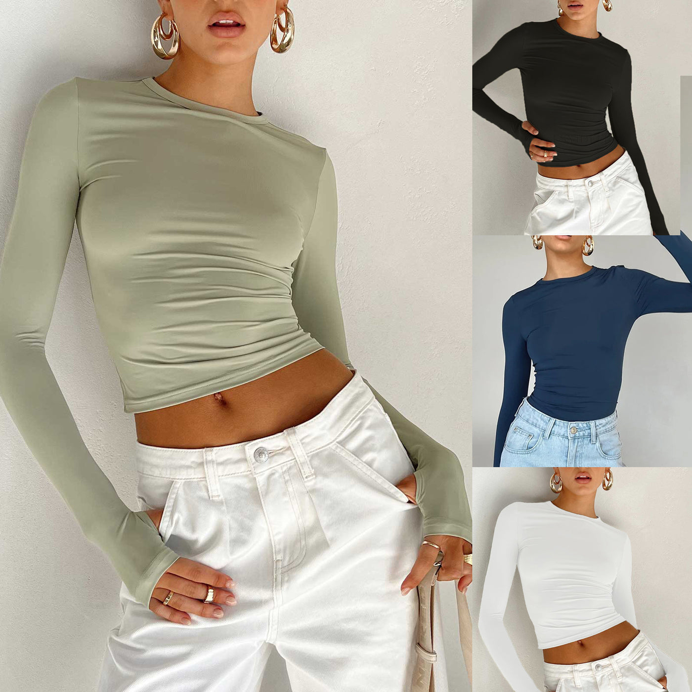 Solid Color Base Round Neck Long Sleeve Top