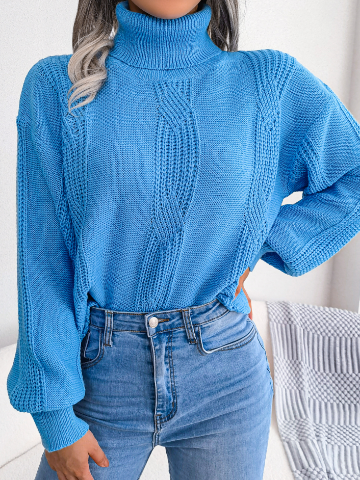 Turtleneck Cable Knit Lantern Sleeve Sweater Top