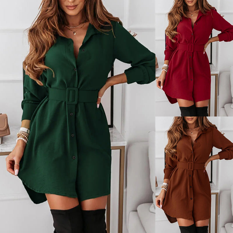Lapel Long-sleeved Dress With Belt Elegant Button-down