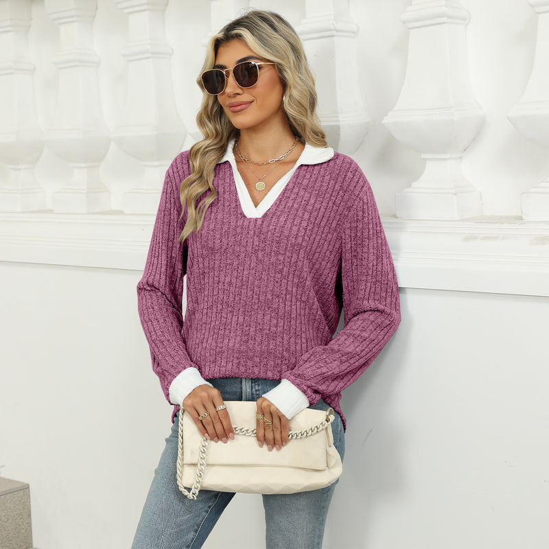Lapel Long Sleeve Loose-fitting T-shirt Top