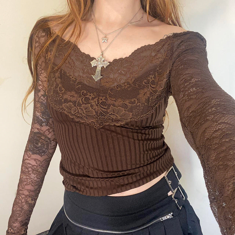European And American V-neck Lace Jacquard Knitted Top