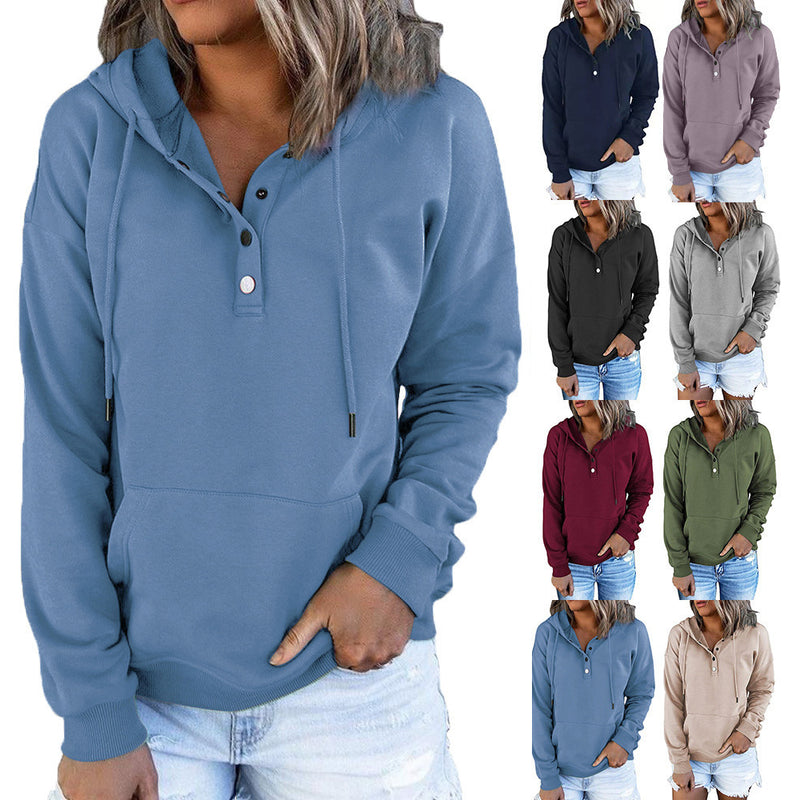 Long-sleeved Hooded Sweatshirt With Pockets Button