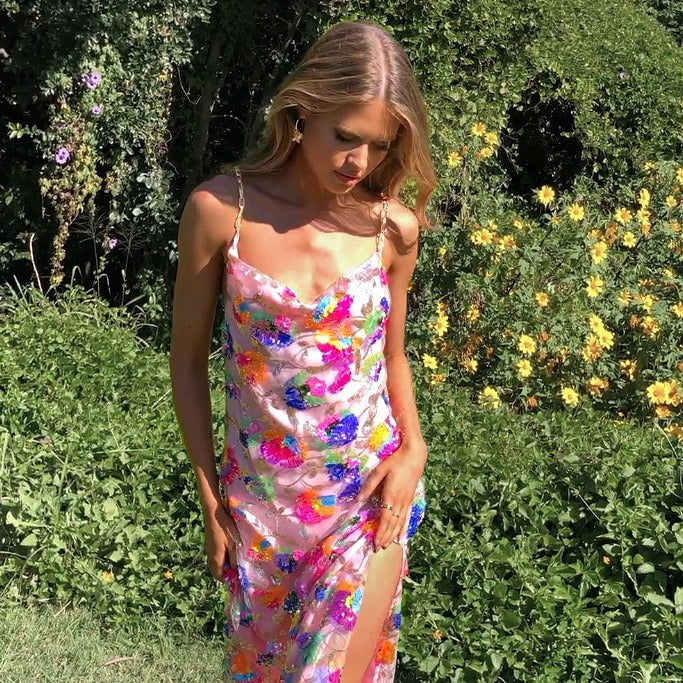 Fashionable Sequins Floral Split Dress