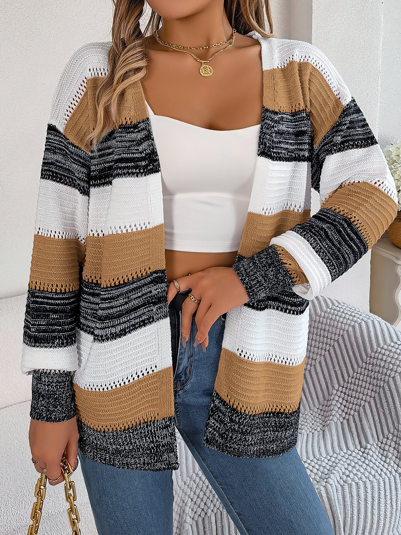 Color Block Stripe Lantern Sleeve Cardigan Sweater Coat