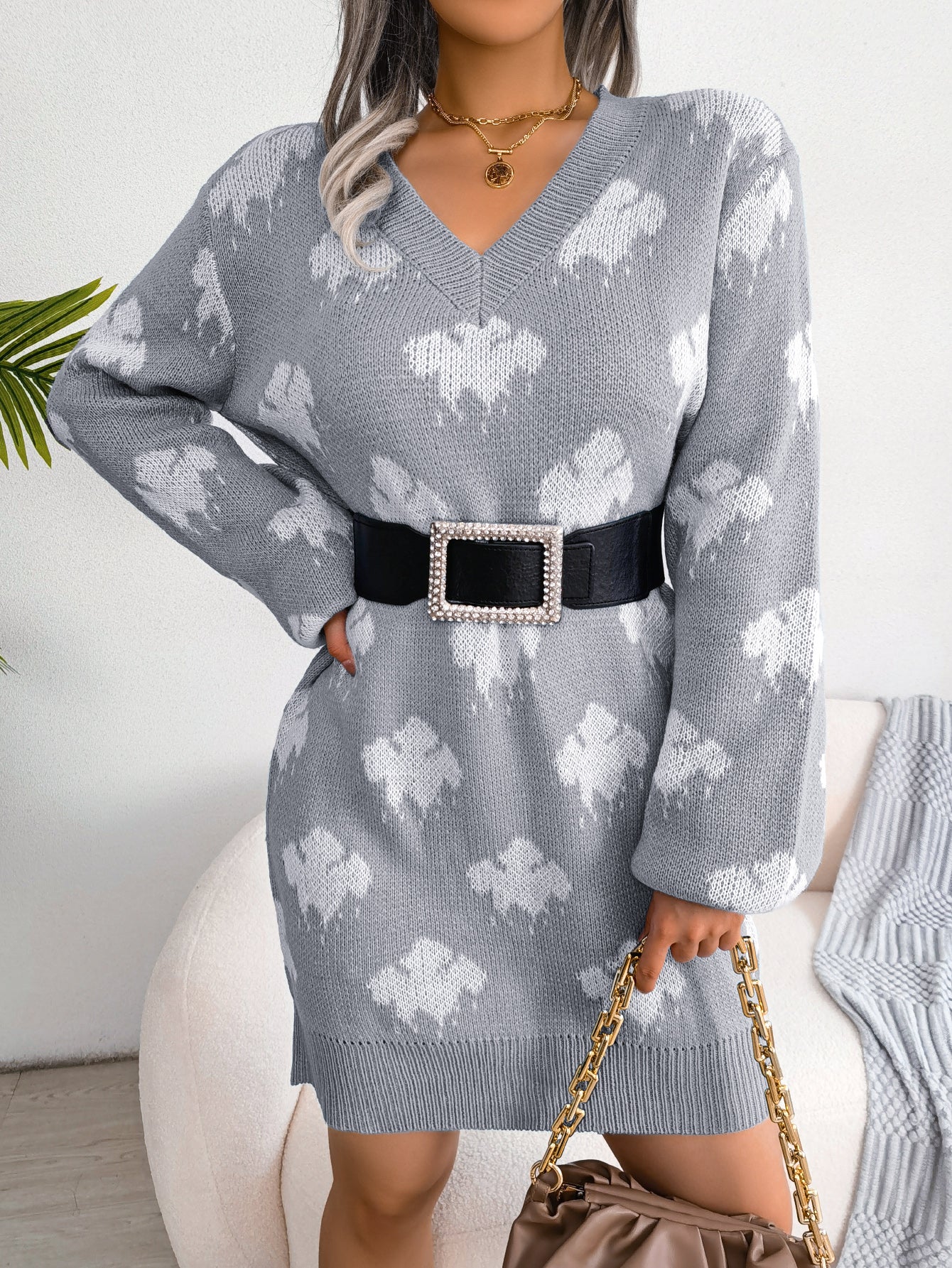 Color-Blocked Cloud Lantern Sleeve Knitted Slip Dress