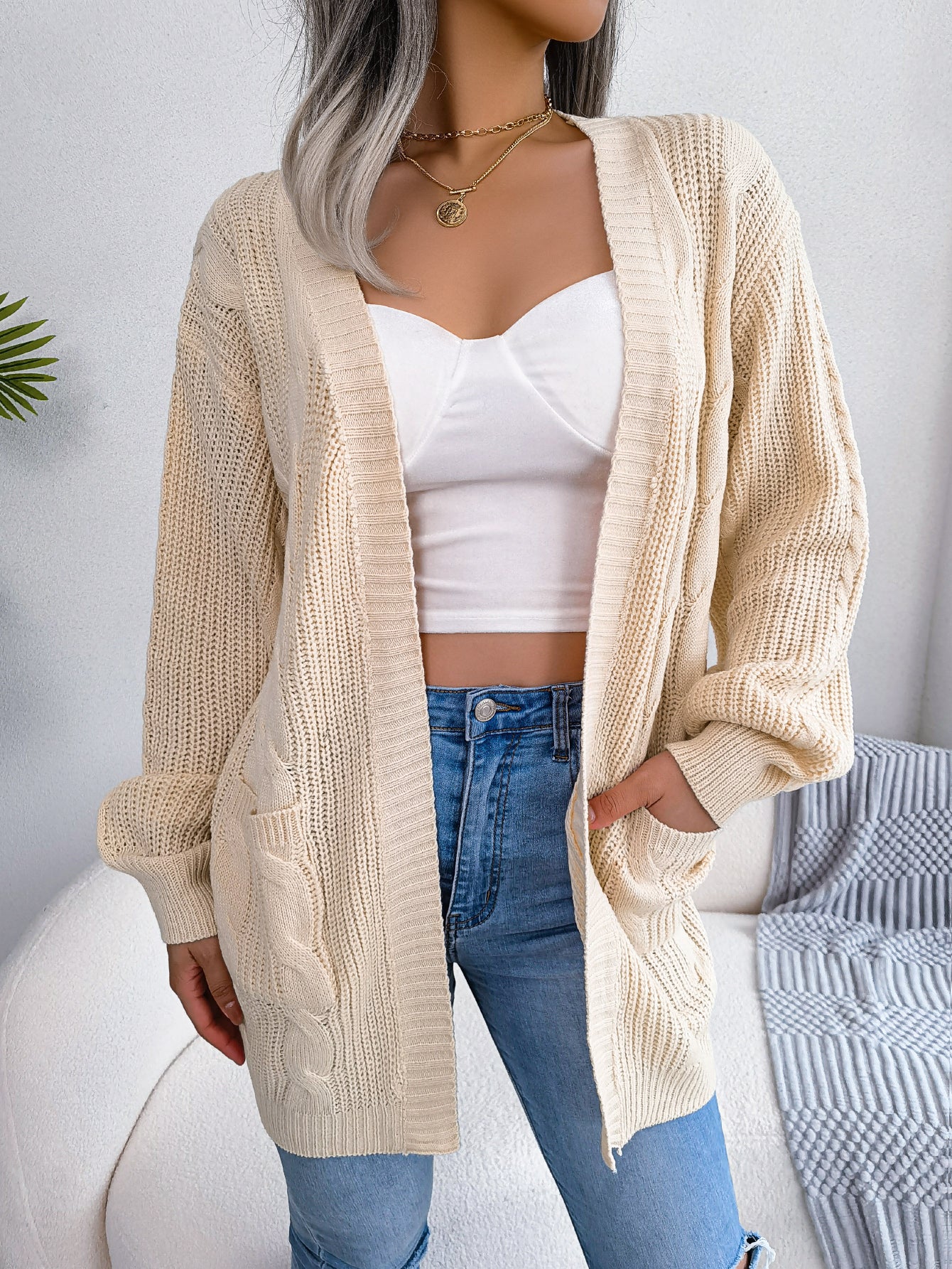 Cable Knit Lantern Sleeve Pocket Cardigan Sweater Coat