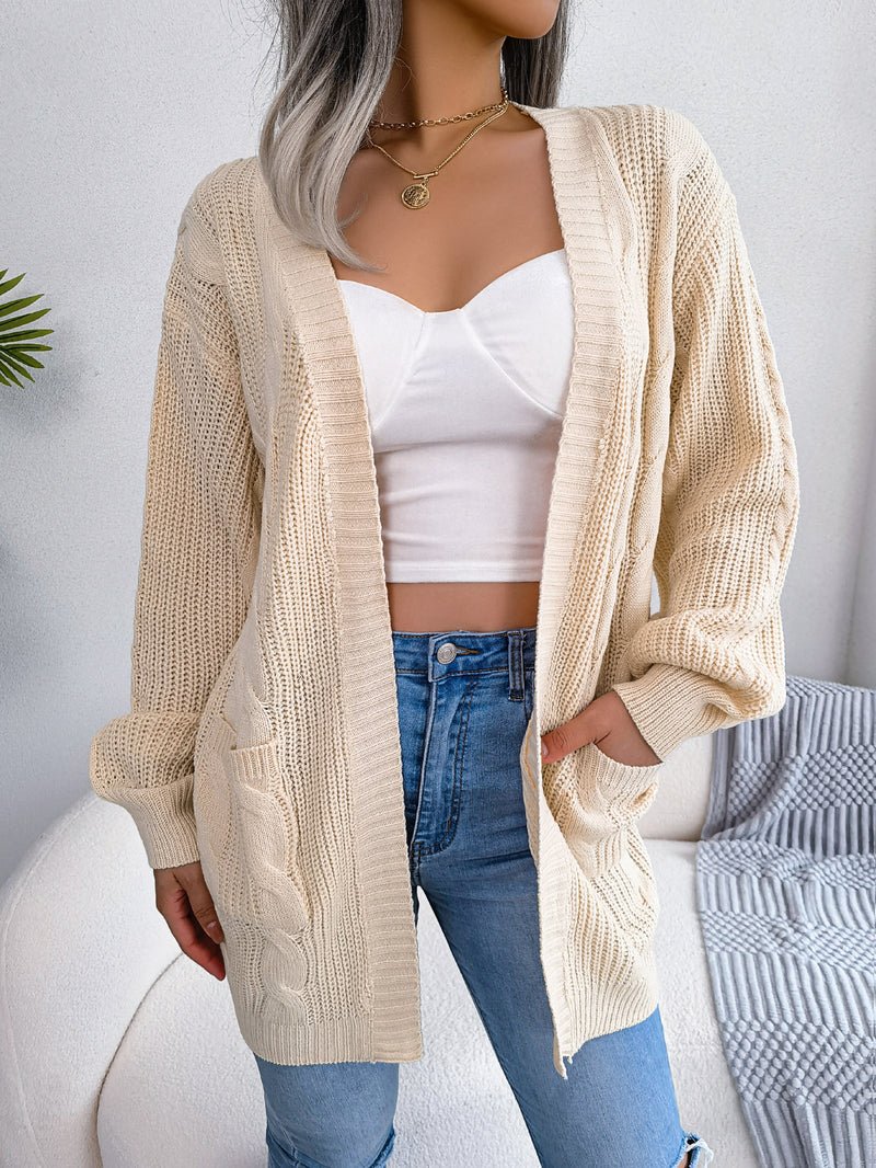 Cable Knit Lantern Sleeve Pocket Cardigan Sweater Coat