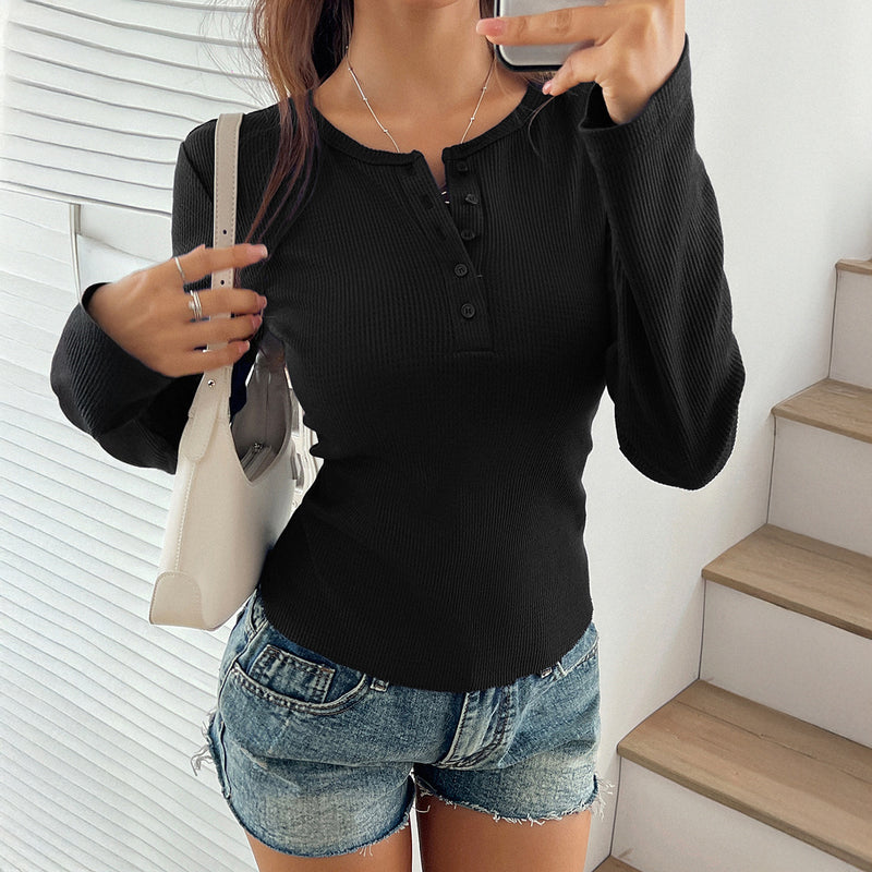 Crew Neck All-match Solid Color Long-sleeved T-shirt