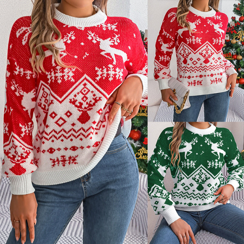 Year Deer Pattern Long Sleeve Hoodie Sweater Christmas Red