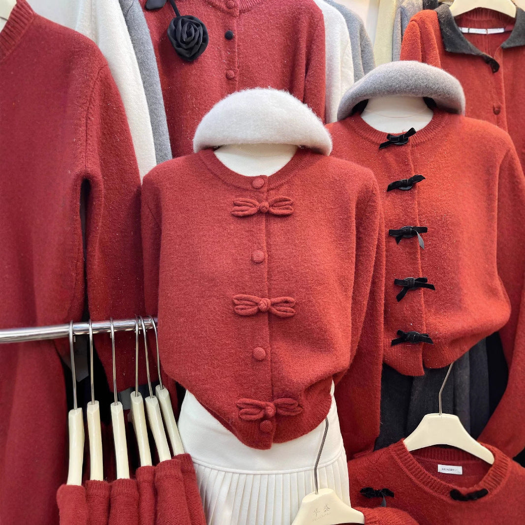 Red Cardigan Chinese Knot Round Neck Bandage Dress Sweater