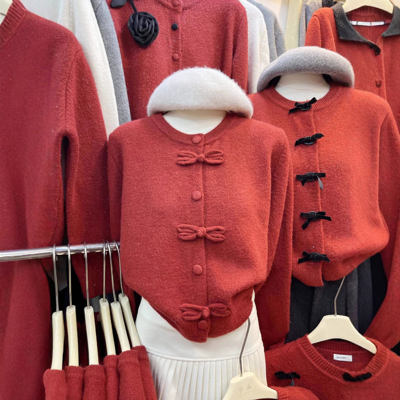 Red Cardigan Chinese Knot Round Neck Bandage Dress Sweater