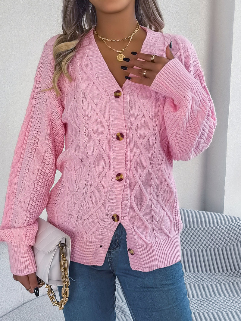 V-Neck Lantern Sleeve Cable Knit Button Cardigan Sweater