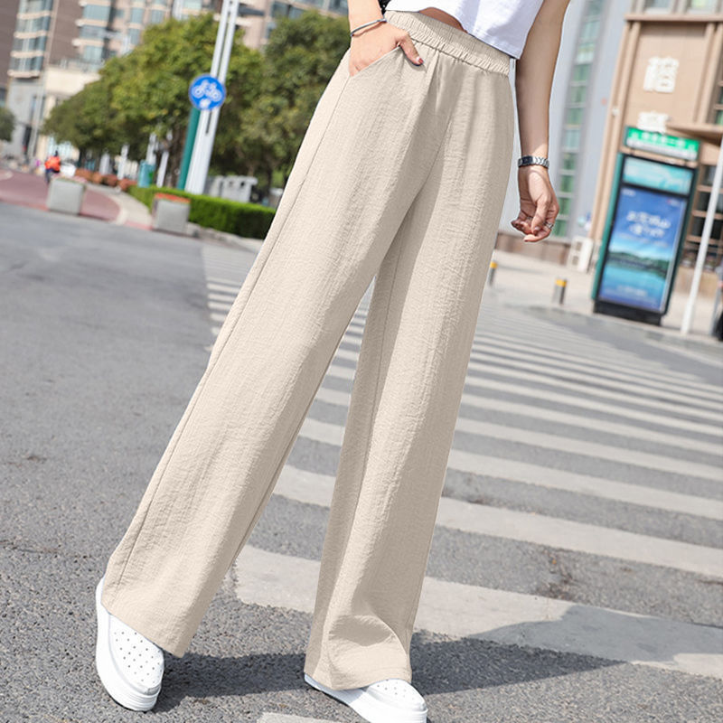Draping Effect Cotton Linen Wide Leg Pants Elastic Waist