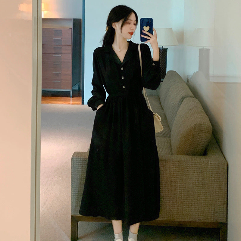 French Style Long Sleeve Black Dress