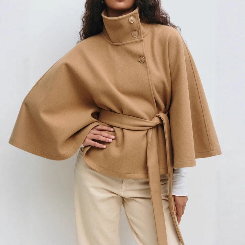 High Neck Batwing Sleeve Coat With Belt Loose Elegant