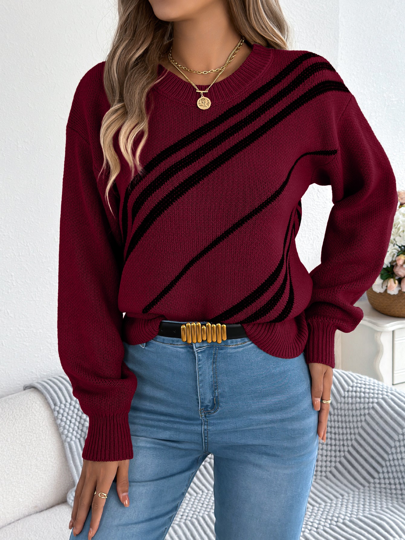 Striped Round Neck Lantern Sleeve Long Pullover Sweater