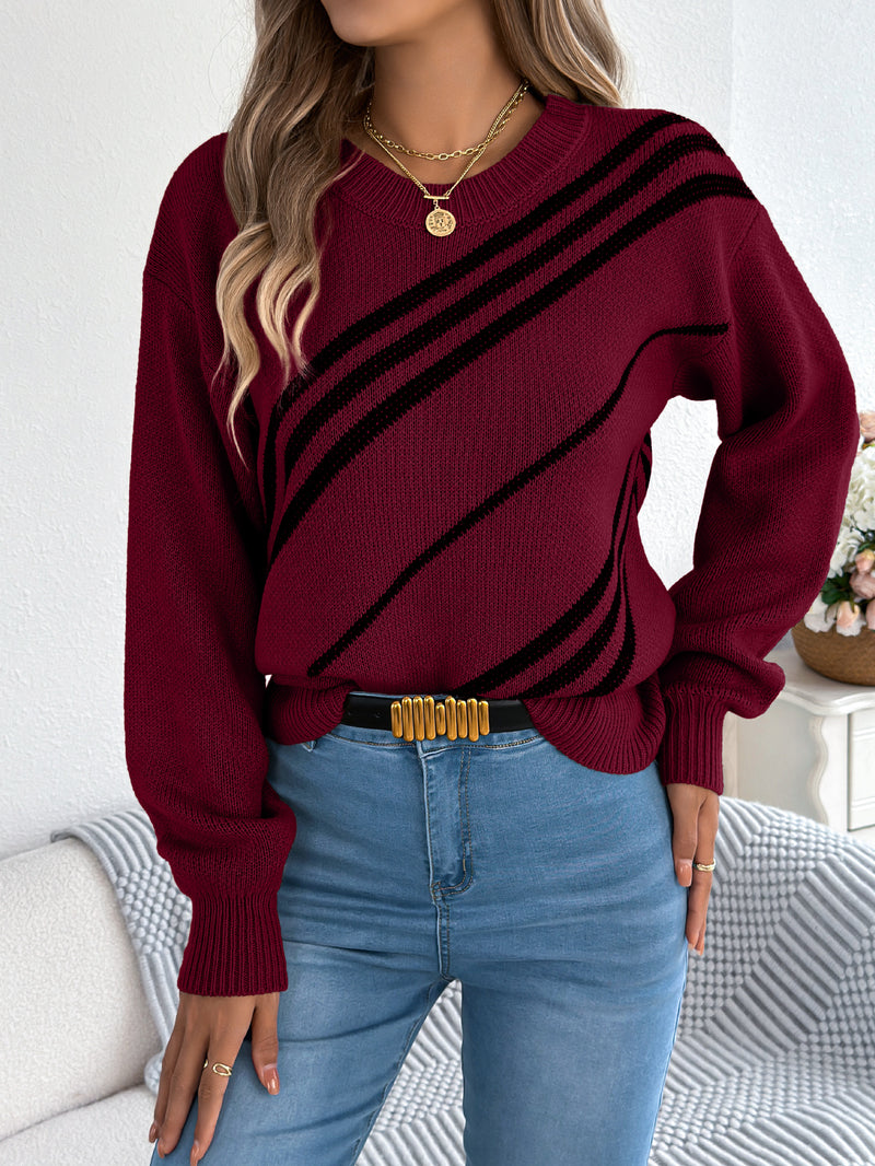 Striped Round Neck Lantern Sleeve Long Pullover Sweater