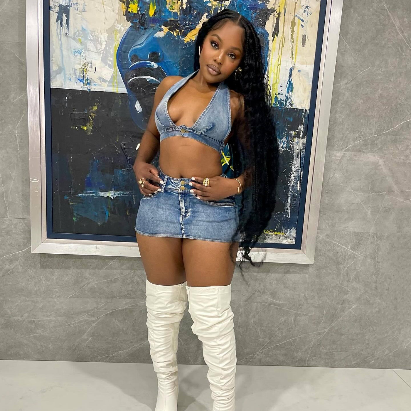 Washed Elastic Denim Sexy Skirt Suit