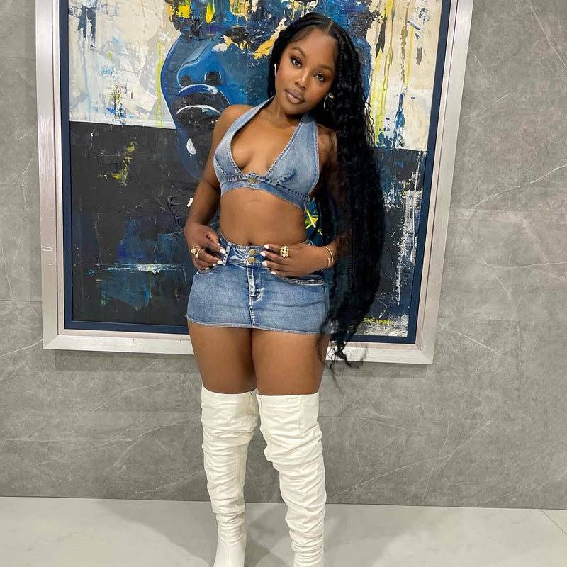 Washed Elastic Denim Sexy Skirt Suit