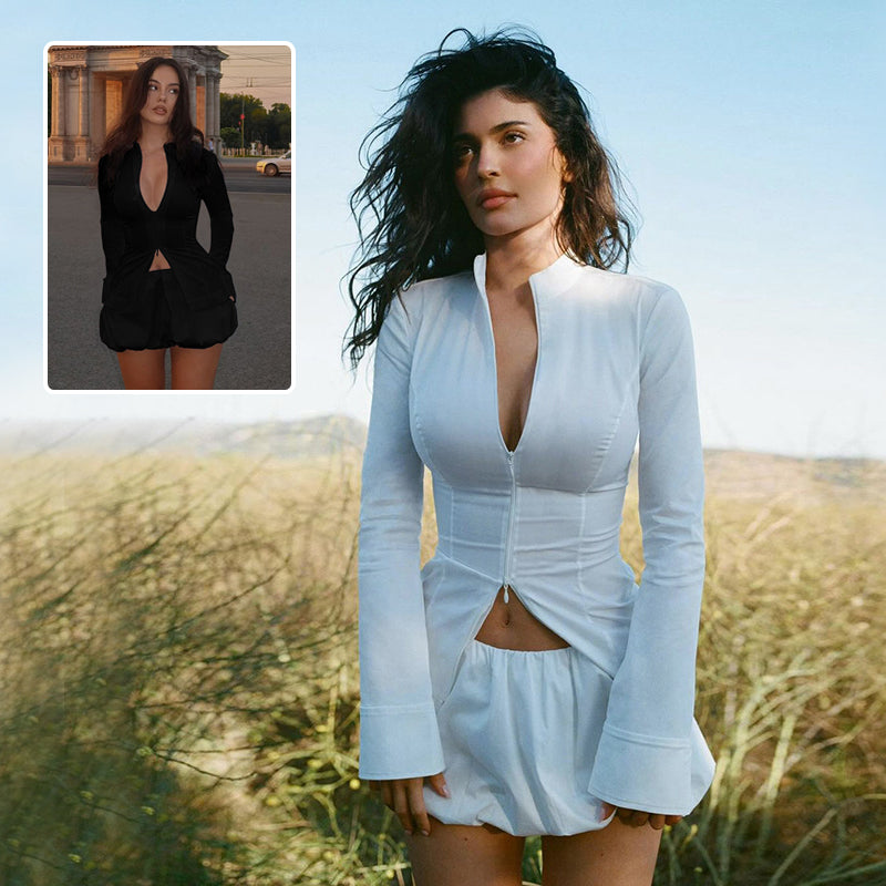 Slim Suits V-neck ZIpper Long-sleeved Top And Mini Skirt