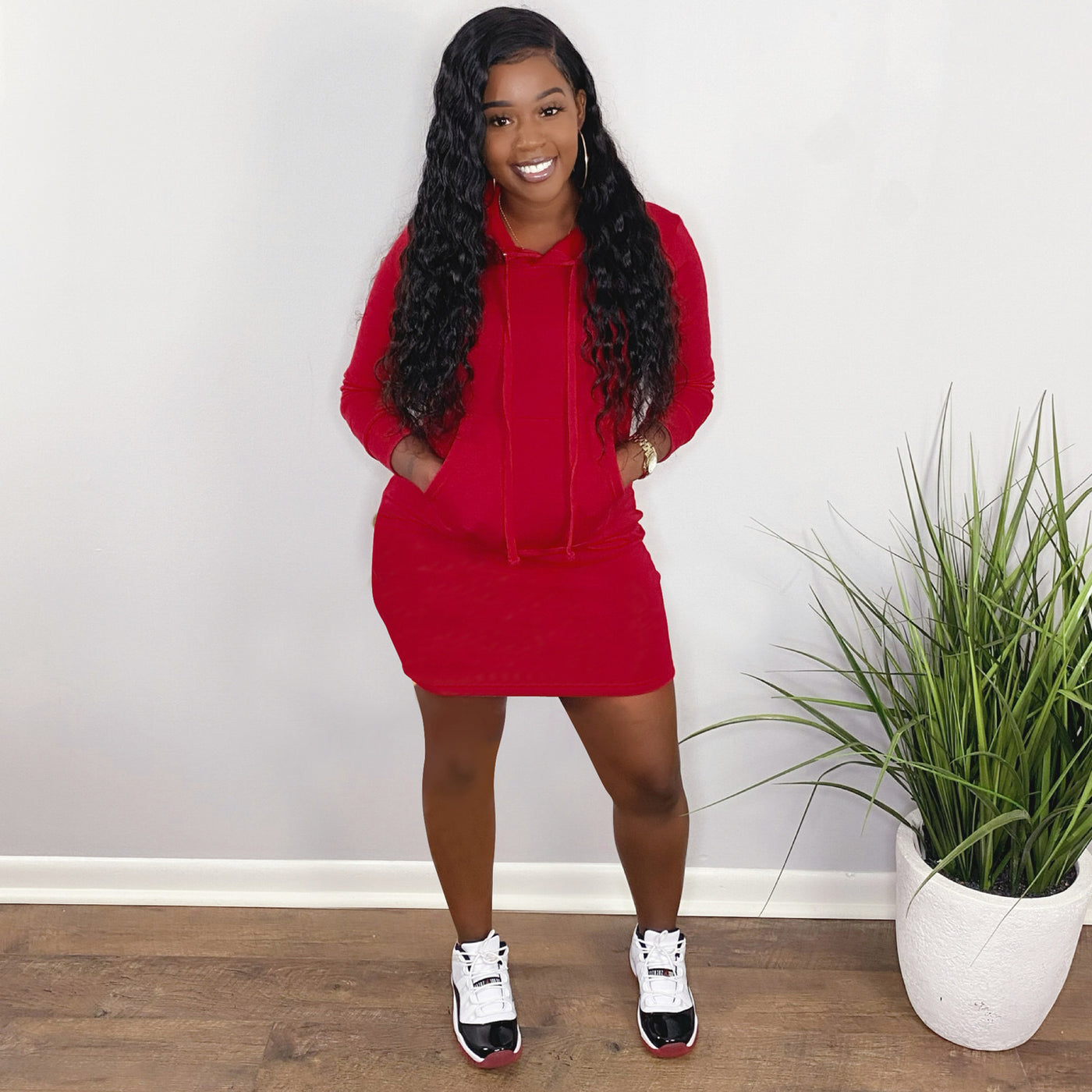 Solid Color Hooded Sweater Dress
