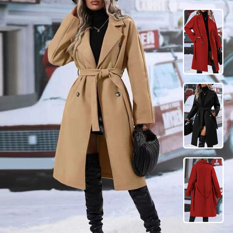 Lapel Double-breasted Trench Coat With Belt Solid Color