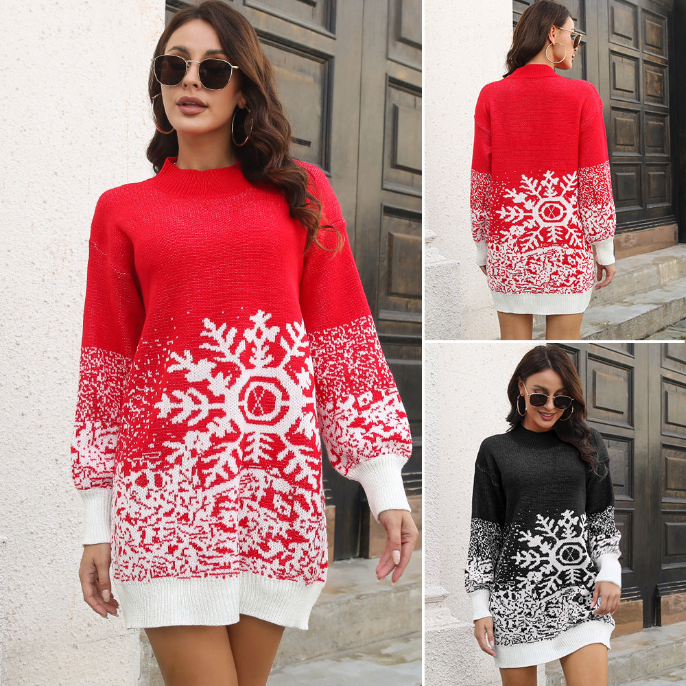 Christmas Snowflake Sweater Dress Loose Pullover Knitted
