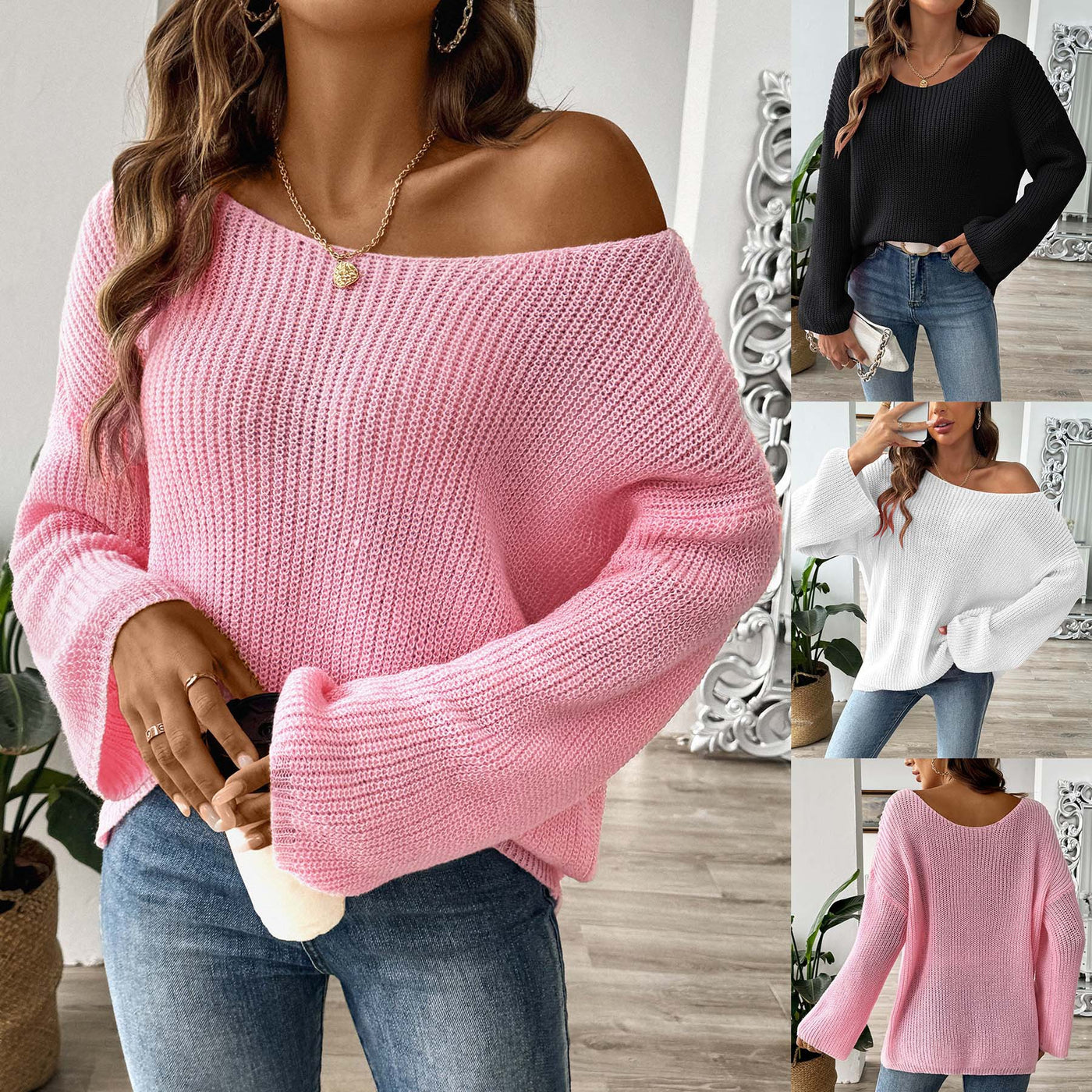 Simple Loose Off Shoulder Off-the-shoulder Flared Sleeves