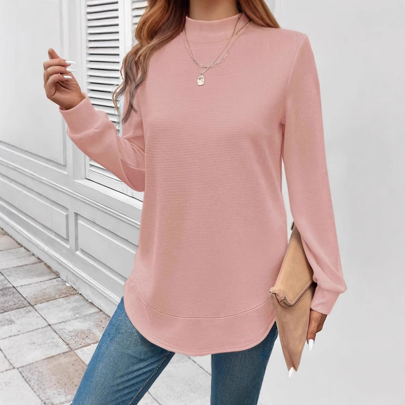 Round Neck Long Sleeve Solid Color Top Waffle T-shirt