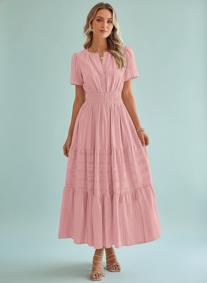Short Sleeve V Neck Swing Dress Flowy Pleated Tiered Maxi