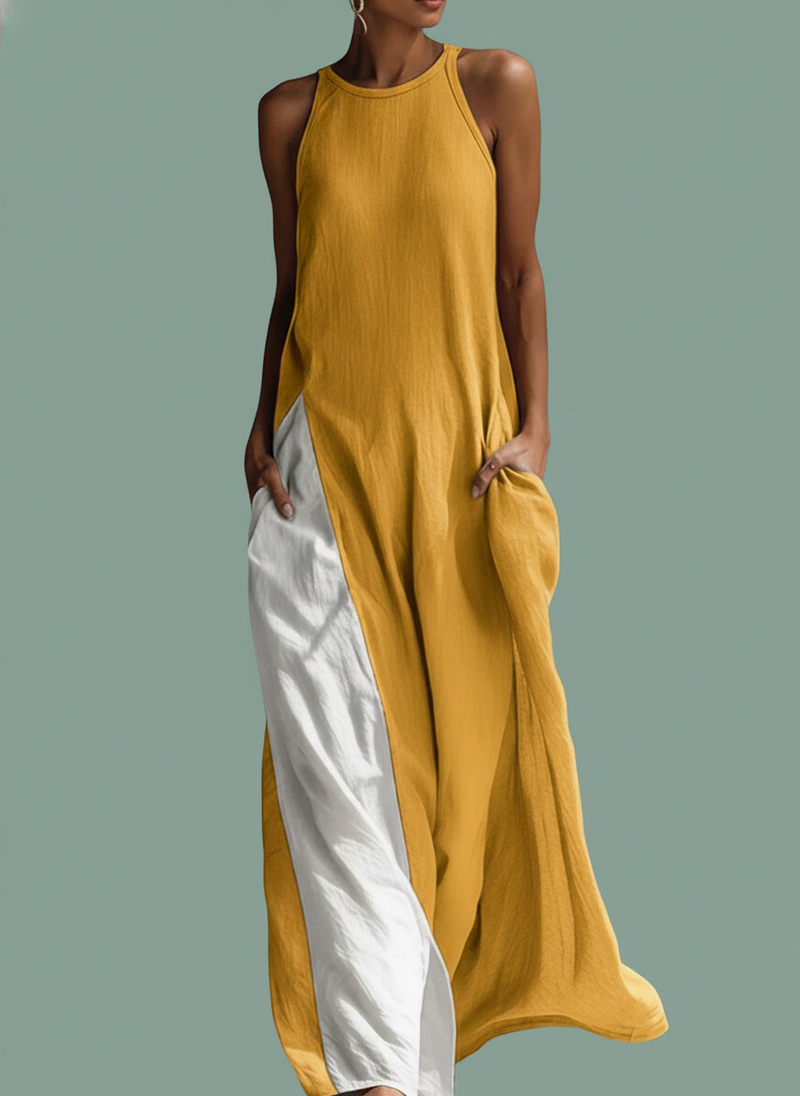 Strappy Maxi Dress A-line Vest Type Color Block Beach Loose
