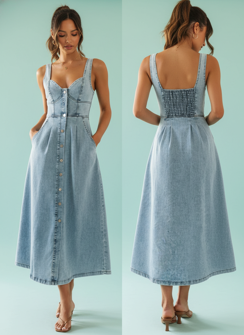 Denim Buckle Strap Midi Dress