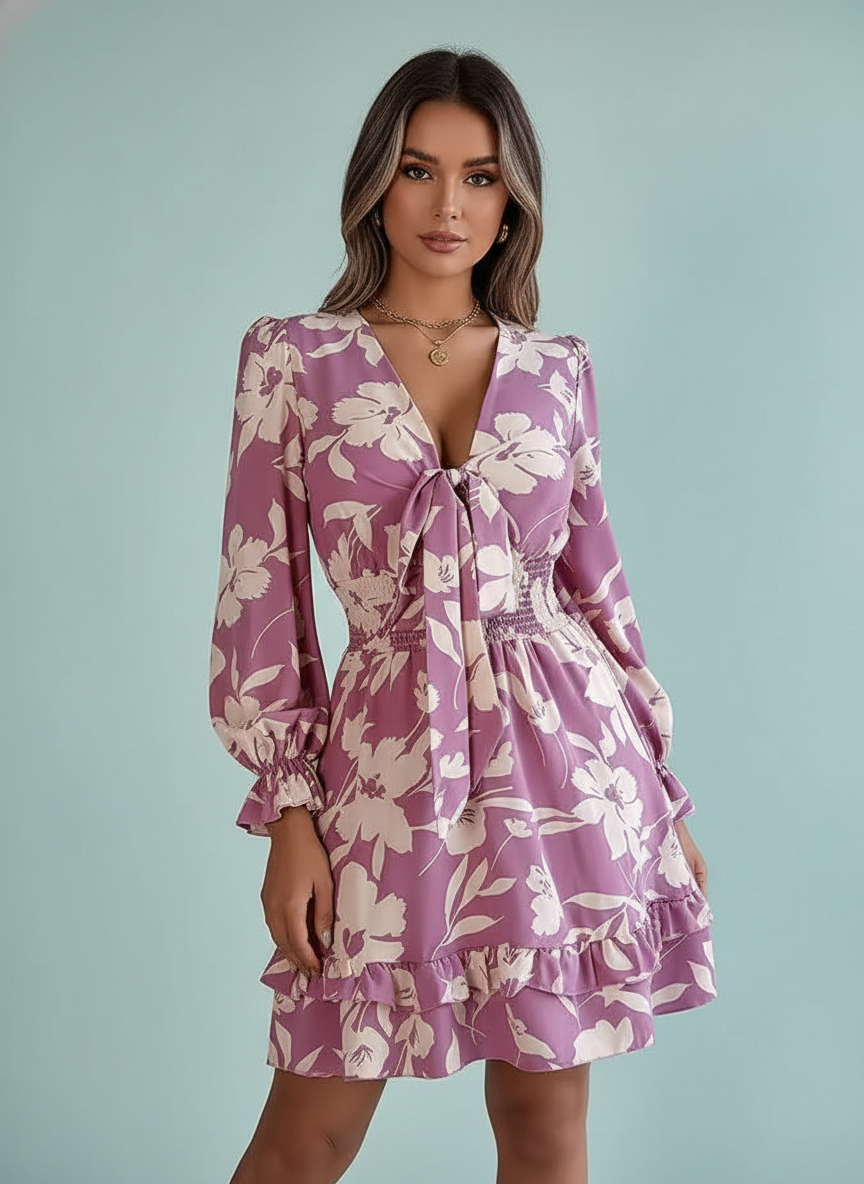 Floral Printed V-Neck Long Sleeve Dress Ruffles Bowknot