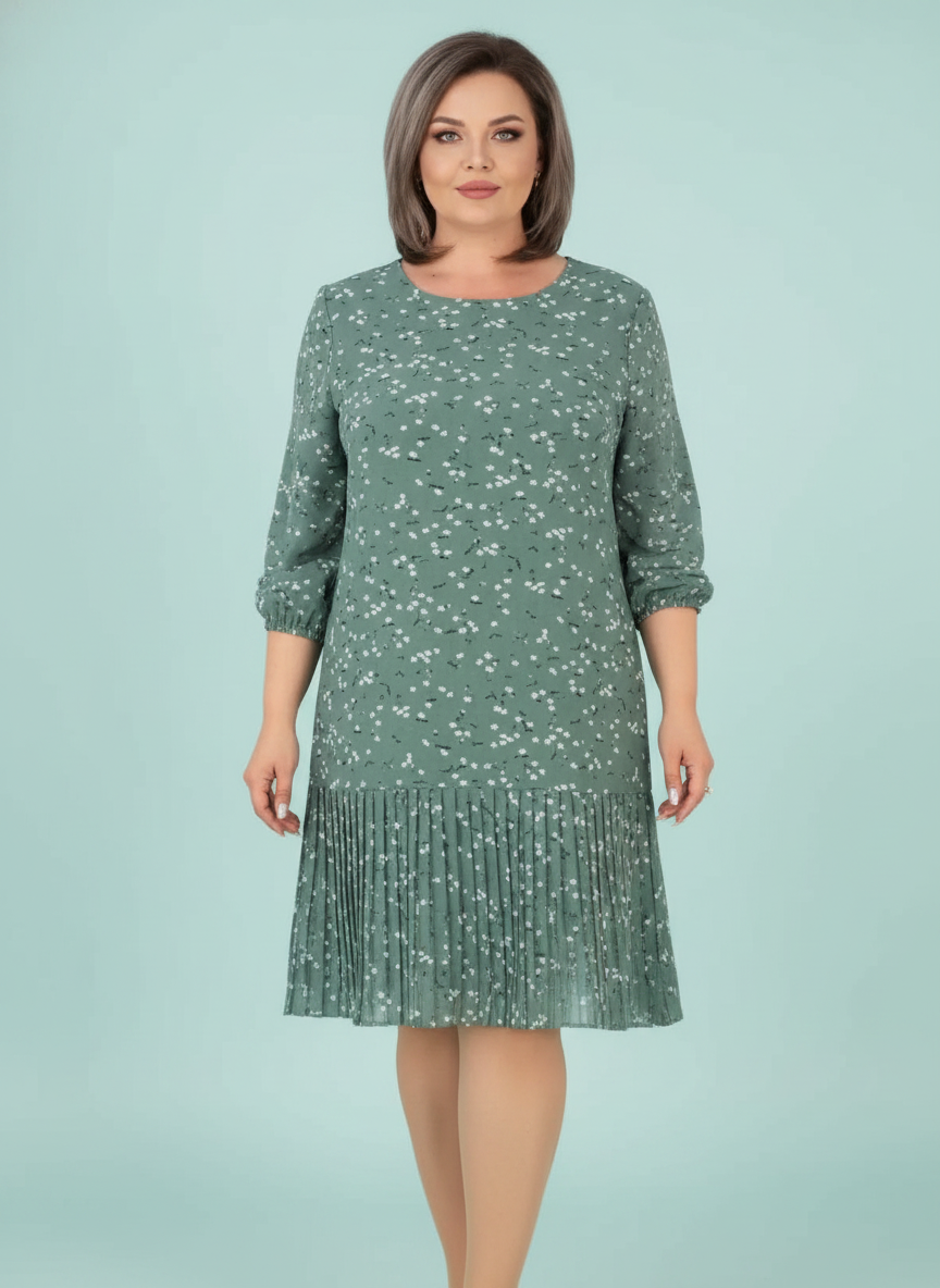 Pleated Dress Round Neck Midi Slim Fit Elegant Floral