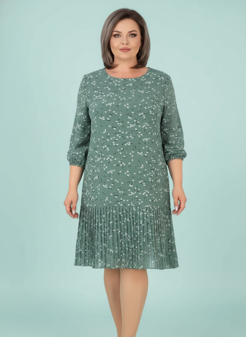 Pleated Dress Round Neck Midi Slim Fit Elegant Floral