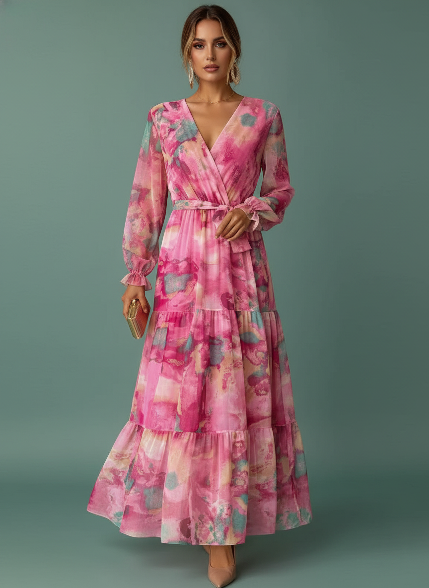 Long-sleeved Floral Print Dress Elegant V-neck Pleated