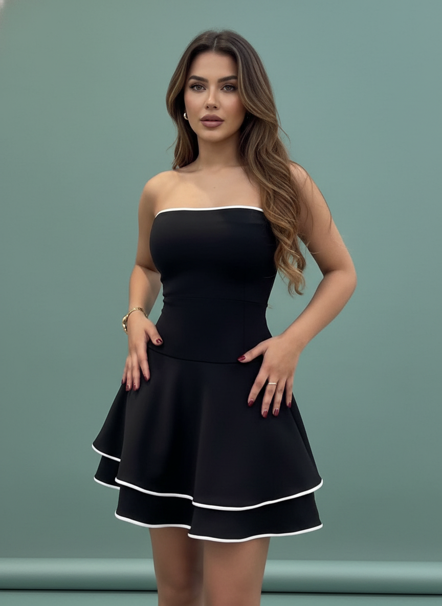 Black Sleeveless Dress Tube Ruffle Skirt With White Edge