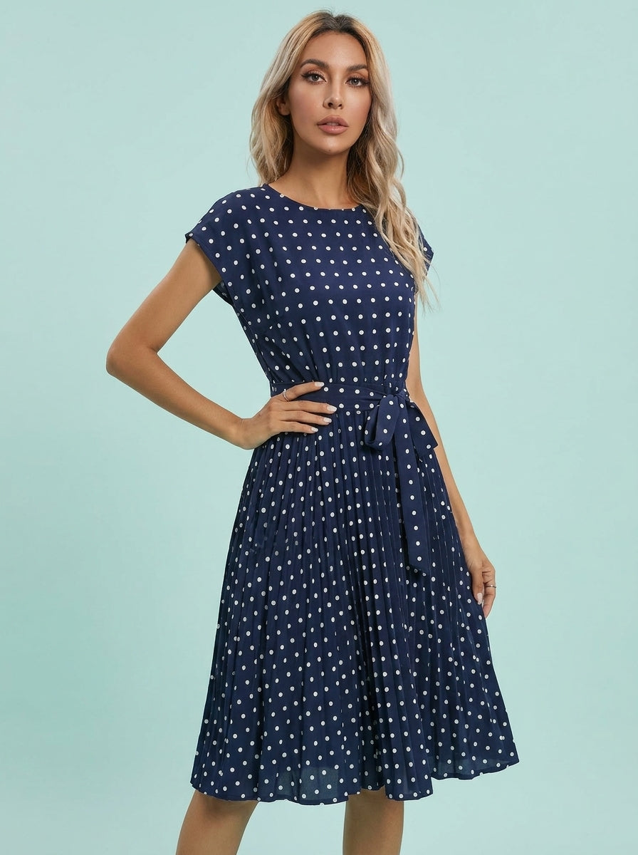 Polka Dot Short Sleeve Dress Bandage Party Pleated Midi