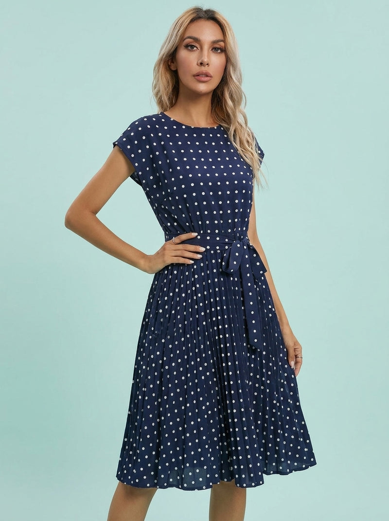 Polka Dot Short Sleeve Dress Bandage Party Pleated Midi