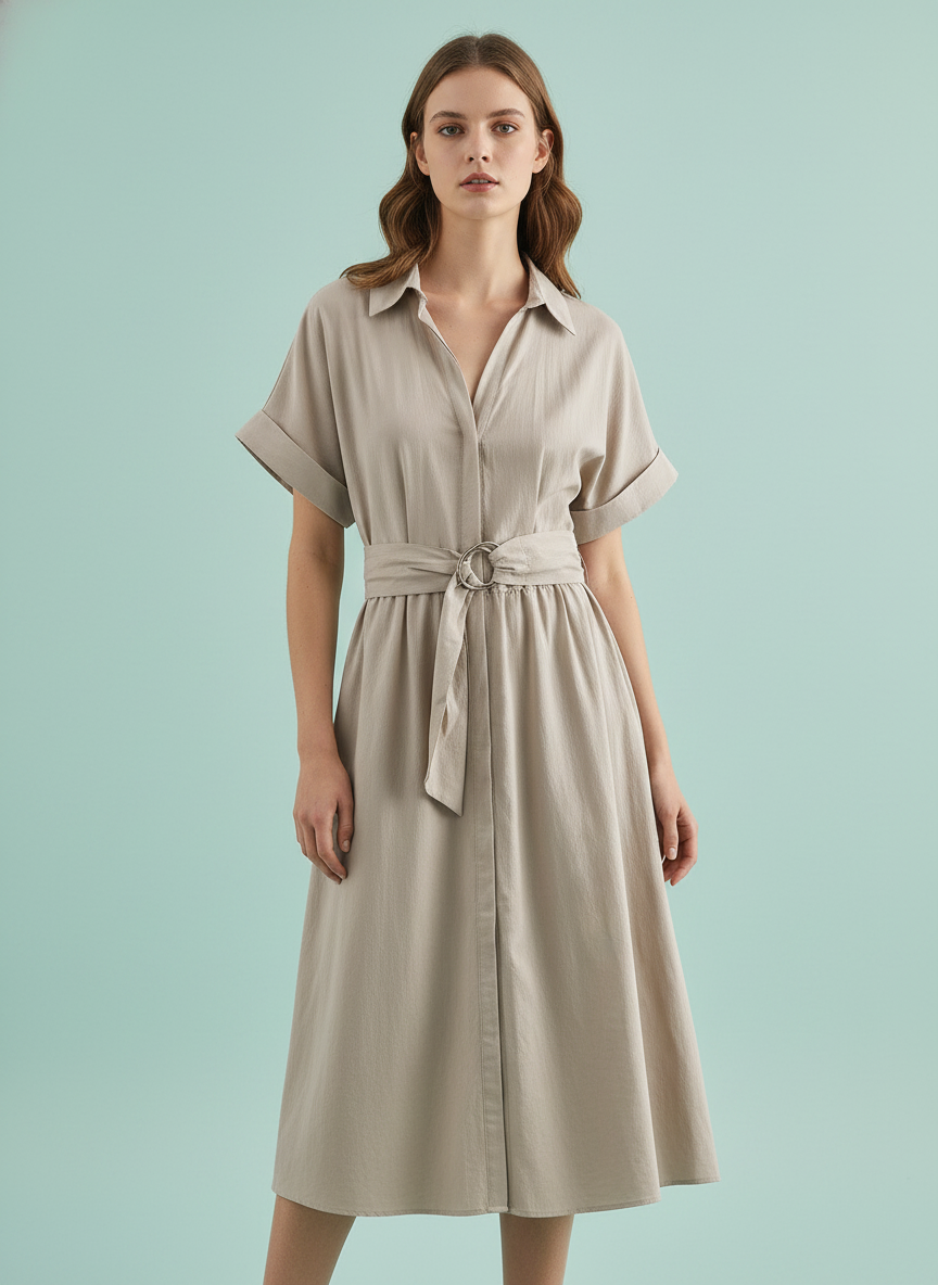 Retro Linen Blended Shirt Midi Skirt Dress