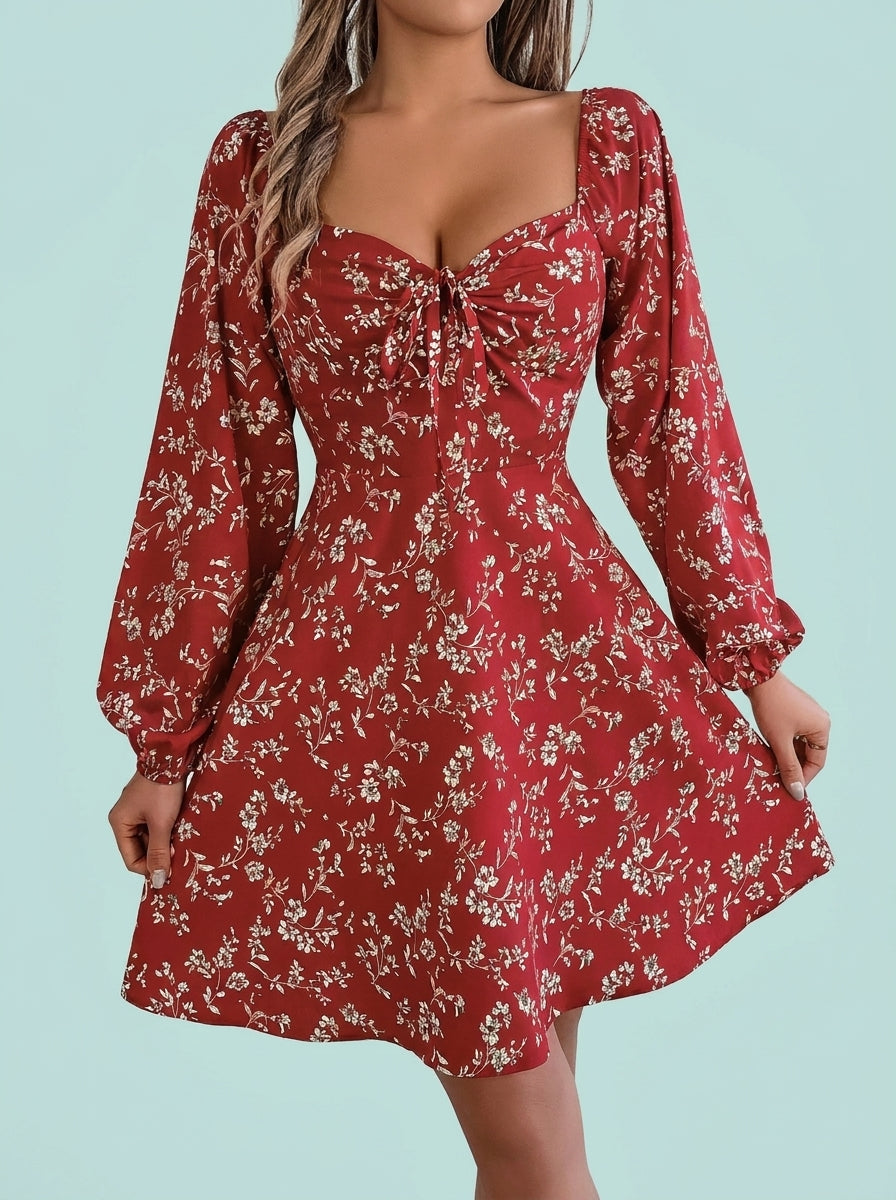Floral Print Lantern Sleeve Dress Sexy Tie Square Neck Long