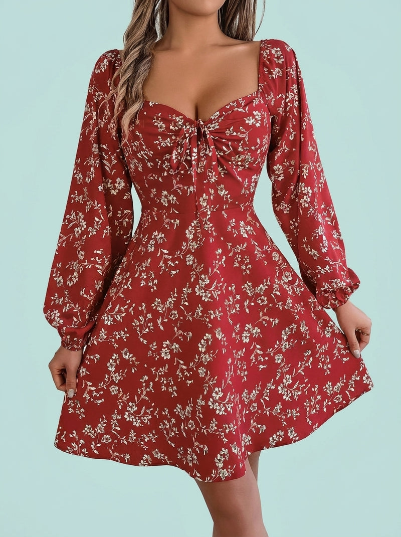 Floral Print Lantern Sleeve Dress Sexy Tie Square Neck Long