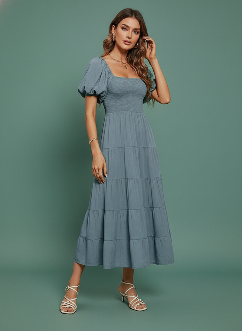 Square Collar Backless Puff Sleeve Dress