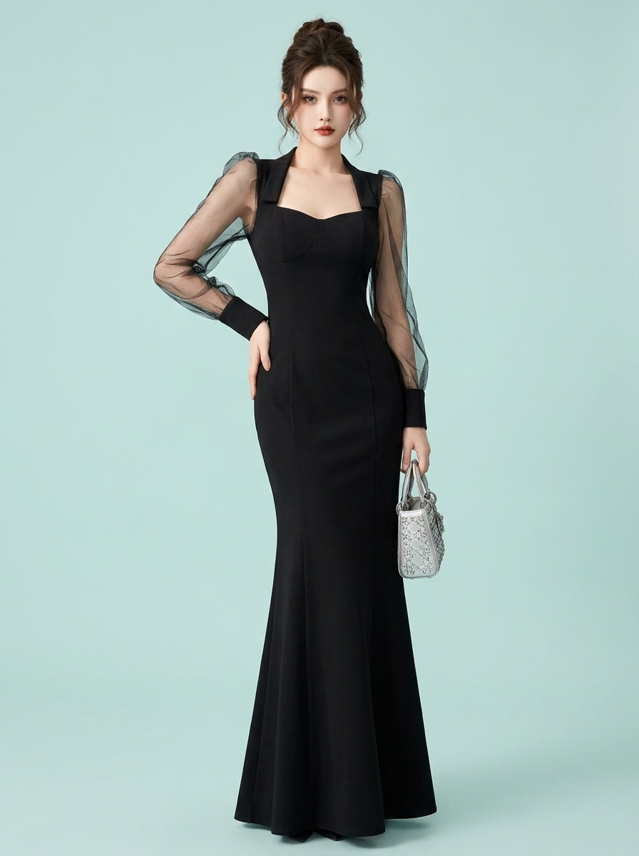 French Style Square Collar Long Dress Hepburn Elegant