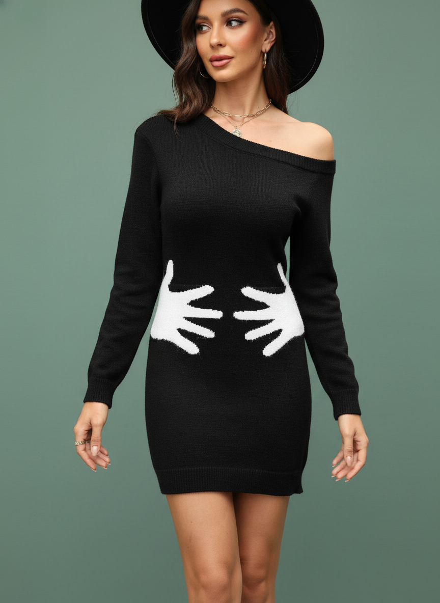 Ins Palm Print Design Knit Dress Slant Shoulder Long Sleeve