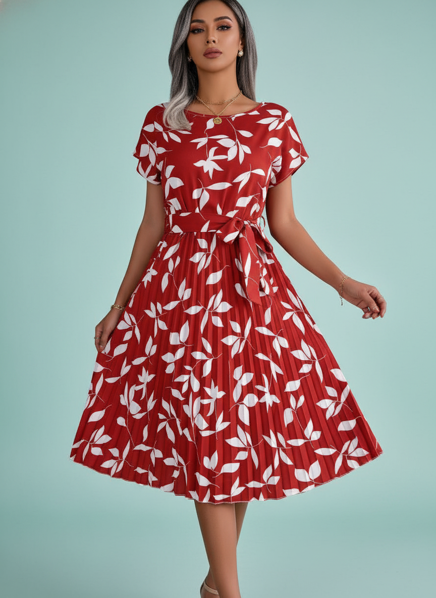 Leaf Print Dress Short Sleeve Lace-up Skirt Beach