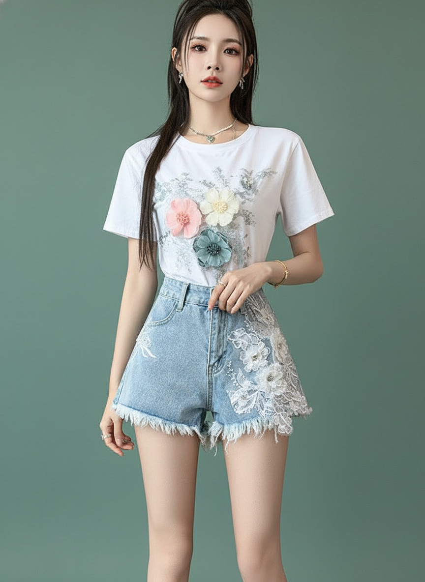Exquisite Embroidered Flowers Denim Shorts
