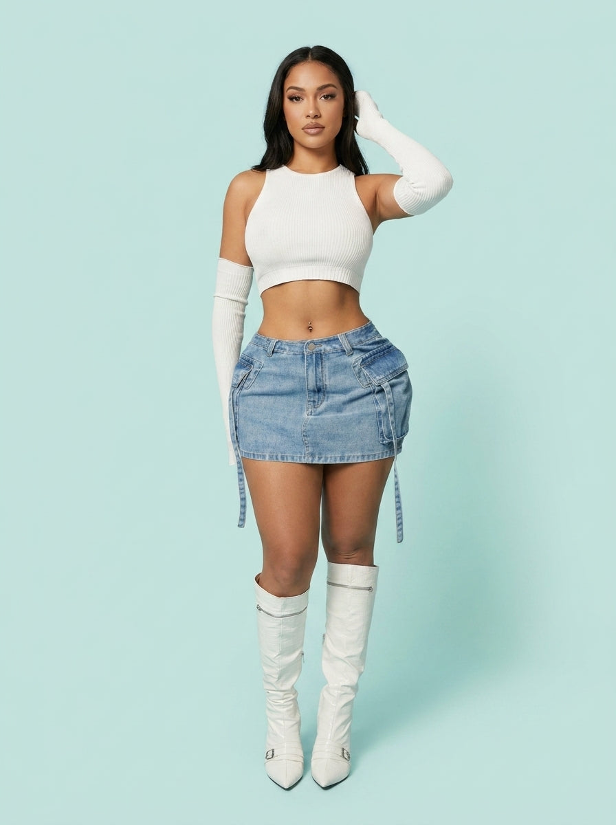 Cargo Pocket Long Tether Short Skirt Tooling Denim