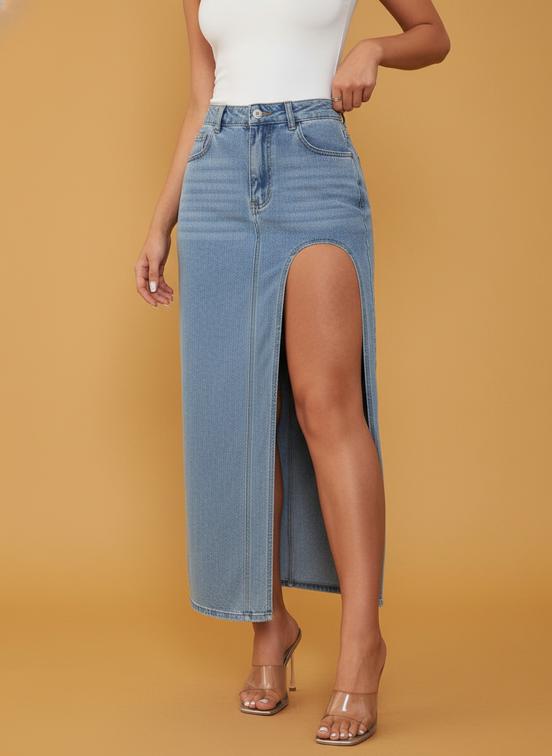 High Slit Denim Skirt Washed Solid Color Midi